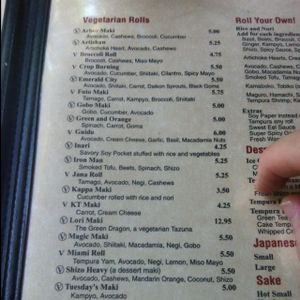 The V with the circle are vegan rolls at Mobo Sushi in Santa Cruz