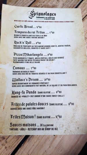 Menu Grignolages at Moon and Sons in Caen