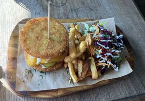 Beyond Meat burger with rosti galette, fries and vegetables   at Moon and Sons in Caen