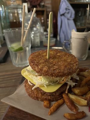 Mr potato head burger with beyond   at Moon and Sons in Caen