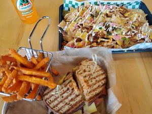 Rueben, sweet potato fries, and nachos were all really good! at Plantology - Cloud Kitchen - Maybe closed in San Antonio