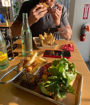Banh mi sandwich with fries (he’s eating the Ruben sandwich) both delicious  at Plantology - Cloud Kitchen - Maybe closed in San Antonio