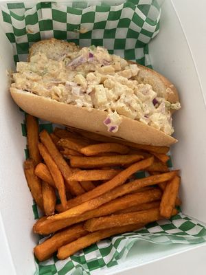 “Lobster” sandwich with sweet potato fries   at Plantology - Cloud Kitchen - Maybe closed in San Antonio
