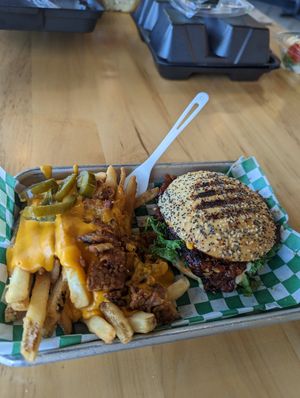 Fancy fries and BBQ shrooms sandwich at Plantology - Cloud Kitchen - Maybe closed in San Antonio