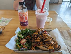Philly, kale salad, and strawberry shake. at Plantology - Cloud Kitchen - Maybe closed in San Antonio