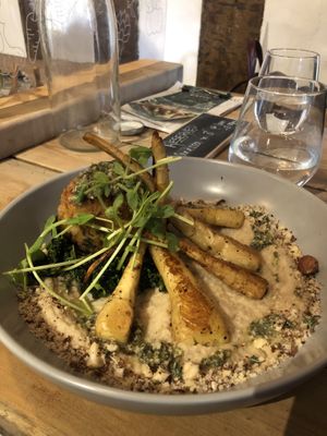 arancini with maple roasted parsnips and butterbean and celeriac hummus   at The Blonde Beet in Stamford