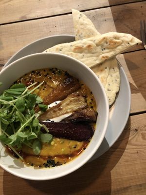 dhal with chanteney carrots and homemade flatbread   at The Blonde Beet in Stamford
