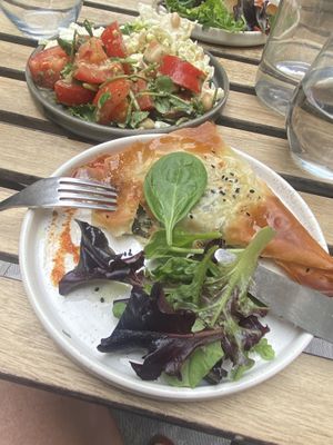 Filo pastry filled with spinach and “feta” with house mixed salad    at The Blonde Beet in Stamford