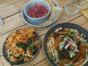 Spicy lentil and beetroot soup, curry and seasonal salad at The Blonde Beet in Stamford