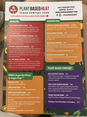 Menu front  at Plant Based Heat in Memphis