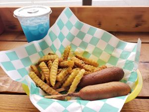Corn dog & fries at Plant Based Heat in Memphis