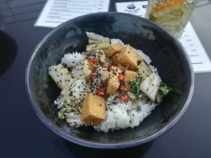 rice with tofu, bak-choy, chilli and sesame seeds in sweet soy sauce at Wok Dock Bistro in Namestovo