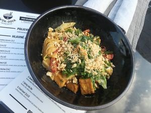 tofu with noodles in peanut sauce at Wok Dock Bistro in Namestovo
