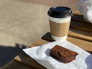 Brownie and filter coffee at Sebastien's Foods  in Paignton