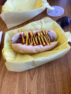 Vegan dog with mustard, ketchup, & relish ($7)  at Seaside Slushies & Dogs in Seaside