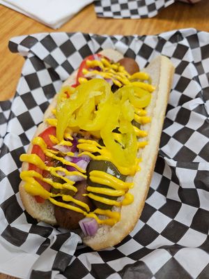 Chicago Dog w/ vegan hotdog (field roast). at Seaside Slushies & Dogs in Seaside