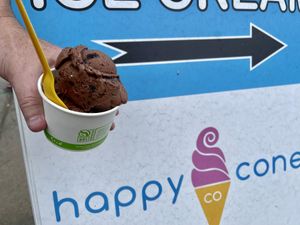 2 scoops of vegan chocolate Oreo  at Happy Cones in Golden