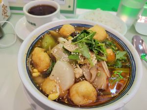 Spicy "fish" lunch special. They will adjust spice level. As it's, it's spicy. at Ben Zhen Vegetarian Cafe 新本真茶餐室 in Hong Kong Island