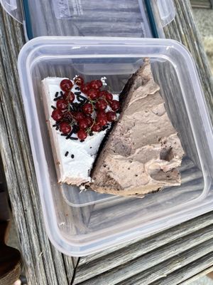 Strawberry cheesecake on the right, chocolate cake on the leftt  at BABA Handmade Cafe in Leipzig