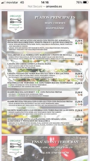 Menu at Organic in Mallorca