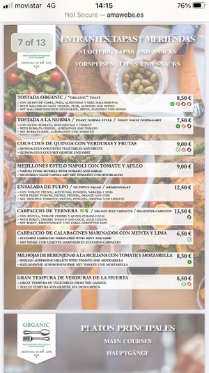 Menu at Organic in Mallorca
