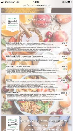 Menu at Organic in Mallorca