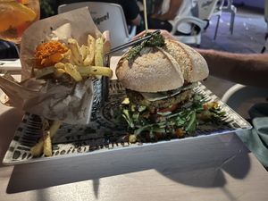 Vegan gluten free burger and fries   at Organic in Mallorca