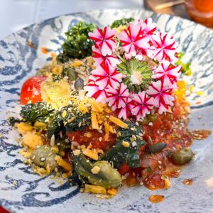 Seasonal vegetables dumplings in tomato sauce  at Organic in Mallorca