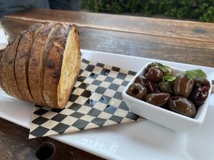 Warmed olives and really good bread at Hey Neighbor in Eugene