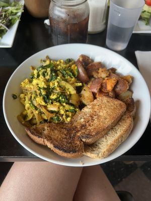 Tofu scramble w onions, mushroom, spinach with home fries   at Cornucopia's Noshery in Amityville