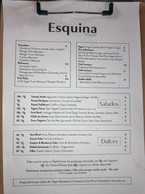 Menu at Esquina in Lanzarote