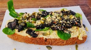 Hummus and mushroom on sourdough at Esquina in Lanzarote