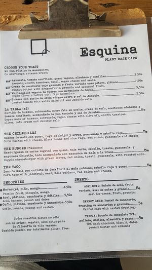 Menu at Esquina in Lanzarote