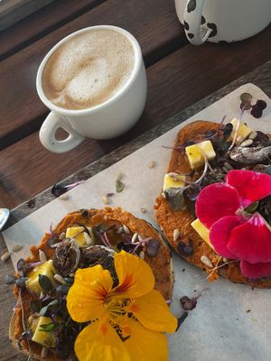 sobrasada toast and cappuccino  at Esquina in Lanzarote