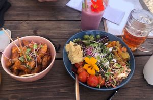 Patatas bravas with sriracha mayo and the salad bowl at Esquina in Lanzarote