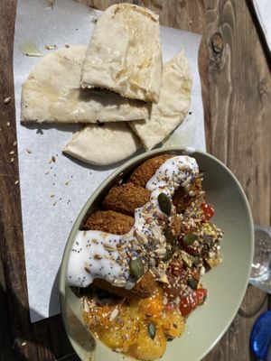 Falafel bowl with homemade pita   at Esquina in Lanzarote