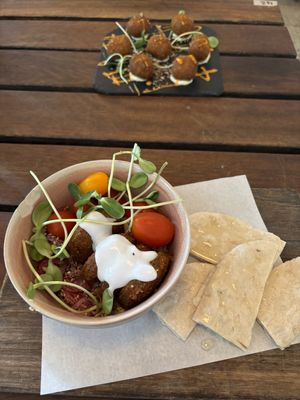 Sunday’s food for lunch: at the top croquettes, and at the bottom of the photo my falafel bowl    at Esquina in Lanzarote