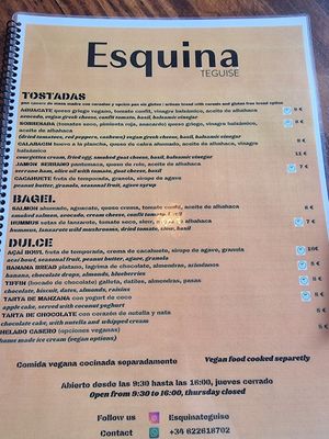 Nov 2024 menu at Esquina in Lanzarote