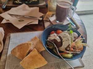 Falafel bowl and soy hot choc at Esquina in Lanzarote