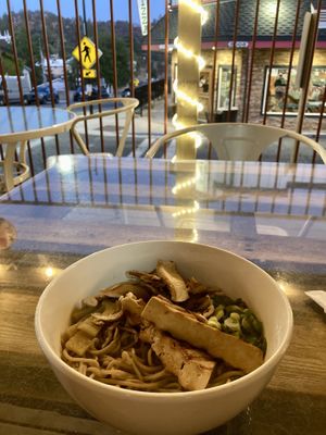 Vegan Miso Ramen and lovely porch seating  at Little Shop of Ramen in Mariposa