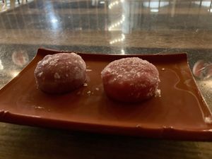 Badly frozen passion fruit and lychee mochi ice creams  at Little Shop of Ramen in Mariposa