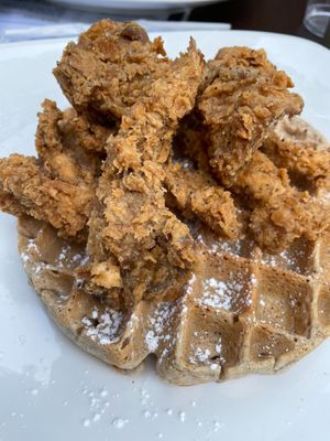 Chick’n fried shrooms and waffle  at Mo' Brunch + Brews in Houston