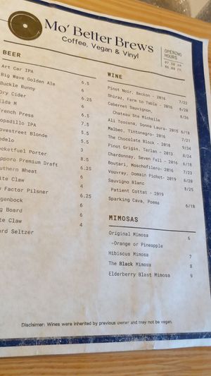 Drinks menu at Mo' Brunch + Brews in Houston