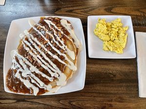 Pecan pie pancakes and a side of scrambled just egg  at Mo' Brunch + Brews in Houston