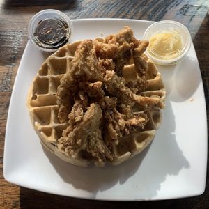 Chik’n Fried ‘Shrooms and Waffles  at Mo' Brunch + Brews in Houston