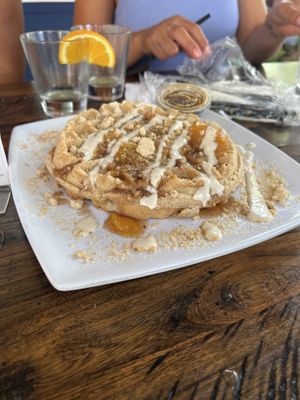 Peach cobbler waffle   at Mo' Brunch + Brews in Houston