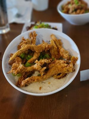 Chik’n fried shrooms & grits   at Mo' Brunch + Brews in Houston