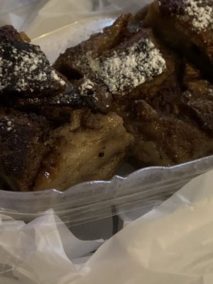 Closeup of croissant pudding   at Mo' Brunch + Brews in Houston