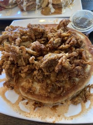 Hot “Honey” 'Shrooms &  pancakes which were fabulous!  at Mo' Brunch + Brews in Houston