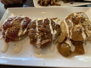 Pancake flight —- mmmm sauces    at Mo' Brunch + Brews in Houston